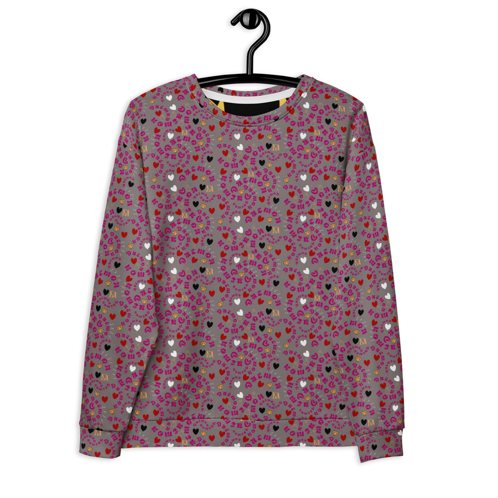 All-over print white Daemon Luxury unisex sweatshirt featuring recycled fabric and casual, comfortable design.