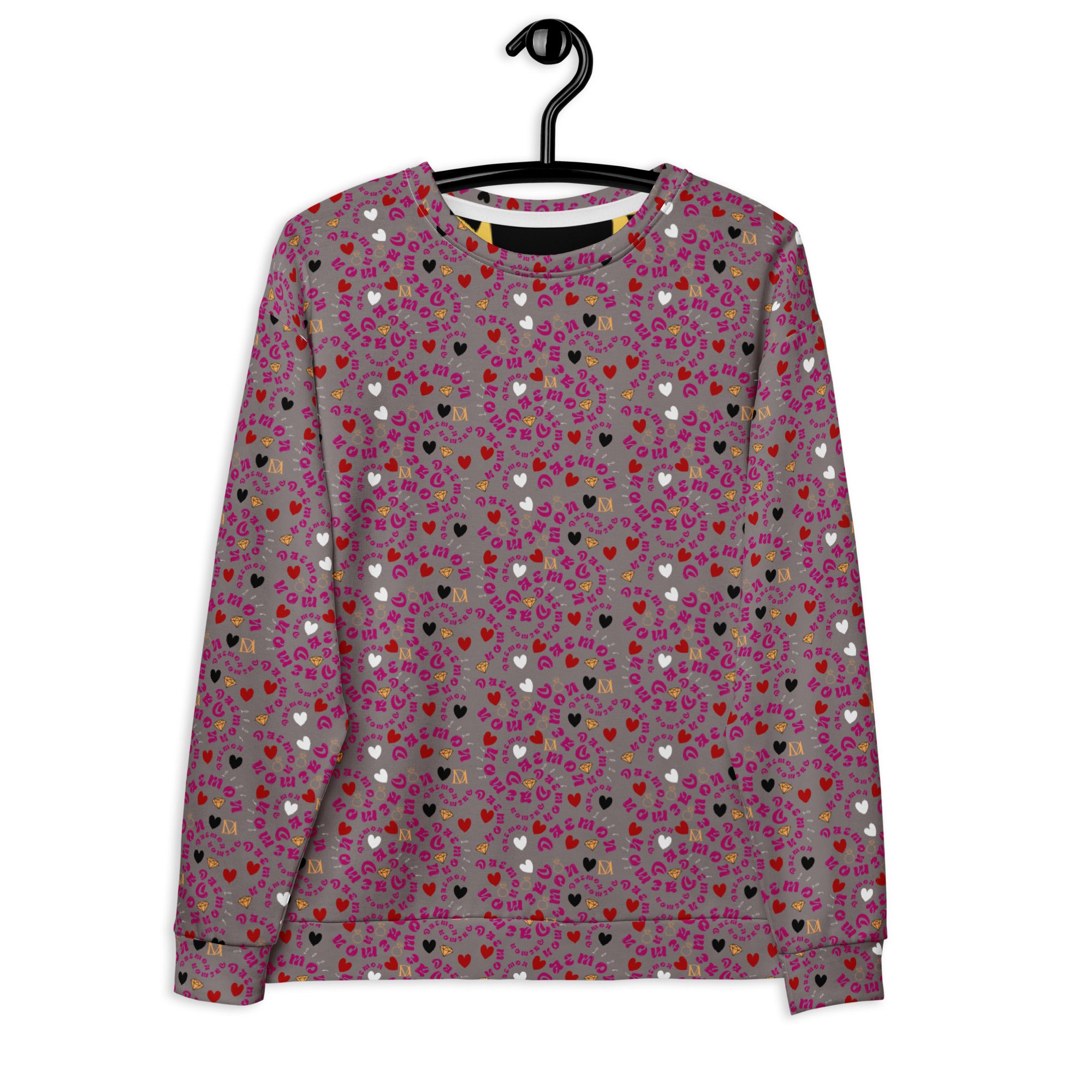 All-over print white Daemon Luxury unisex sweatshirt featuring recycled fabric and casual, comfortable design.