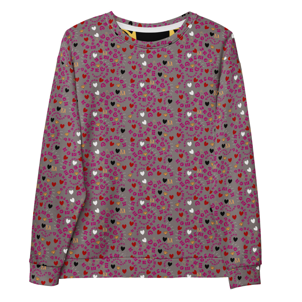 White all-over-print recycled unisex sweatshirt by Daemon Luxury, front view showing vibrant design and cozy fit.