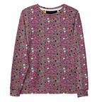 White all-over-print recycled unisex sweatshirt by Daemon Luxury, front view showing vibrant design and cozy fit.