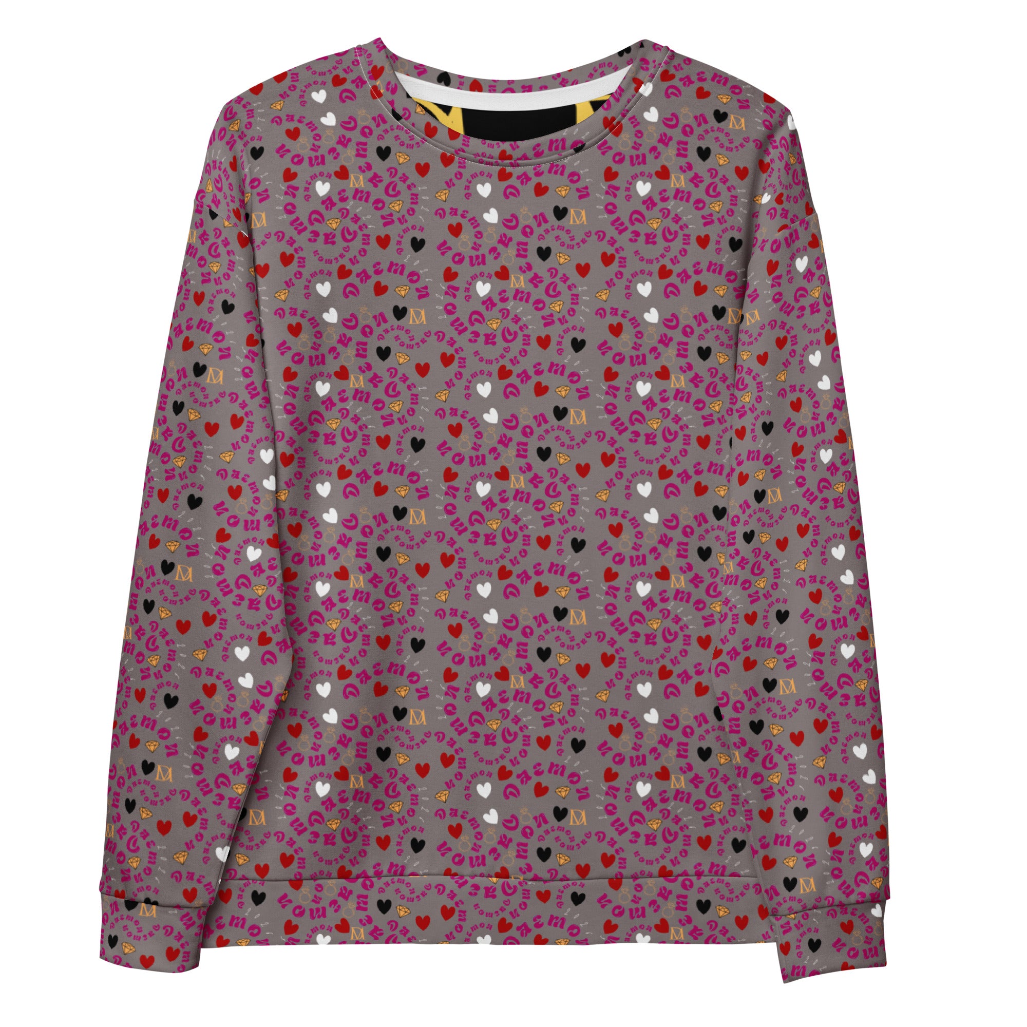 White all-over-print recycled unisex sweatshirt by Daemon Luxury, front view showing vibrant design and cozy fit.