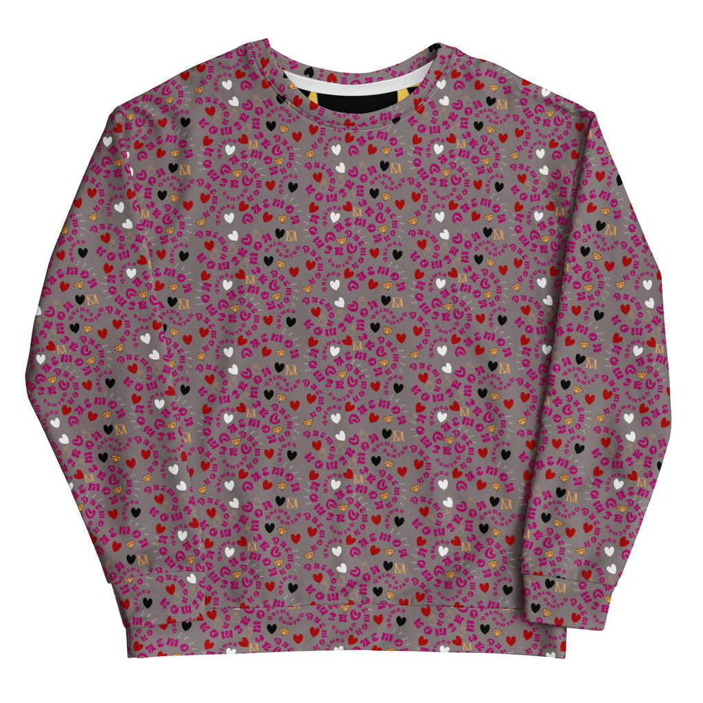 All-over-print white unisex sweatshirt by Daemon Luxury featuring recycled fabric and casual, comfortable fit.