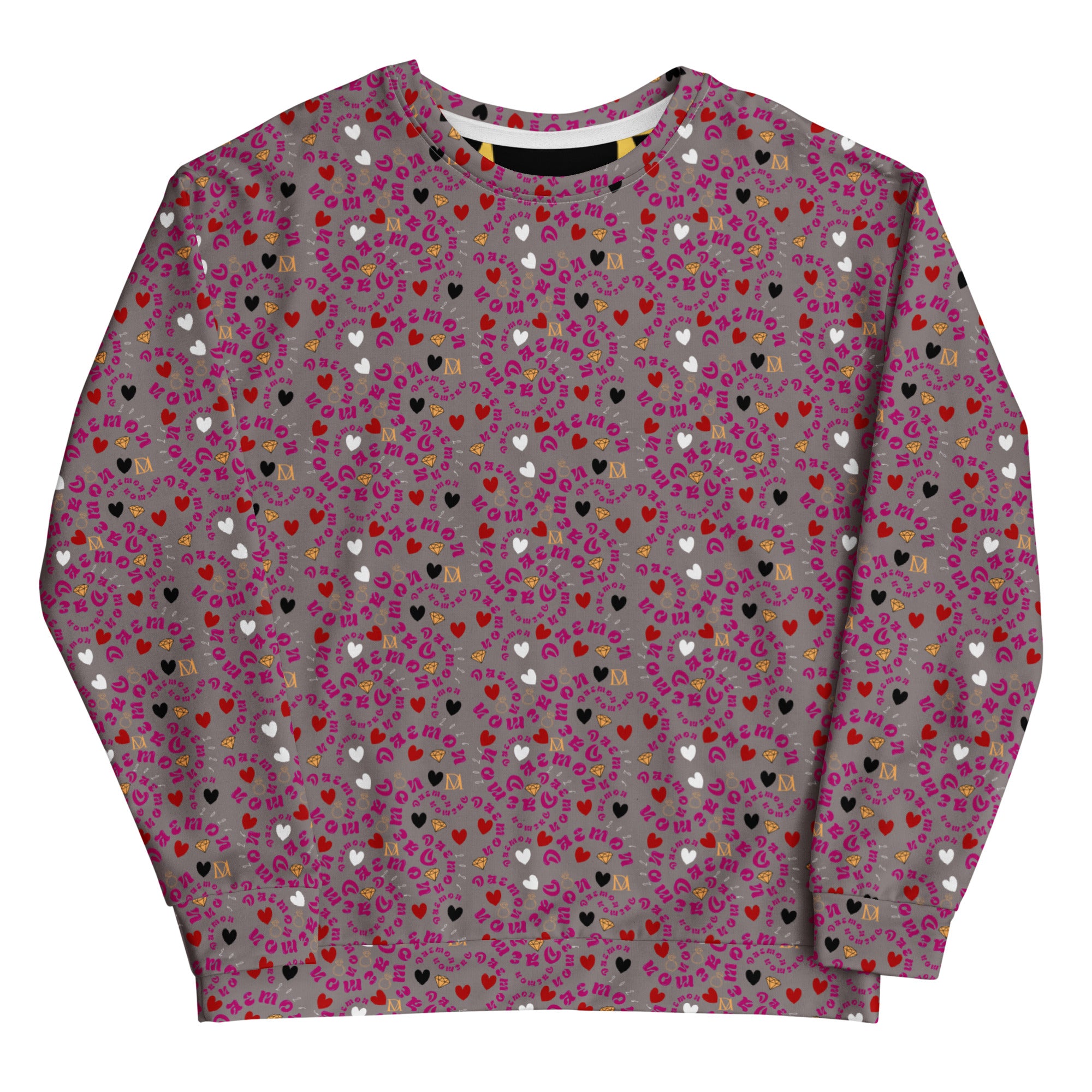All-over-print white unisex sweatshirt by Daemon Luxury featuring recycled fabric and casual, comfortable fit.