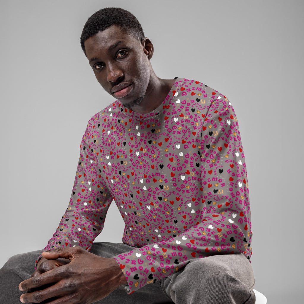 All-over print white unisex sweatshirt by Daemon Luxury, featuring recycled fabric and casual front view.