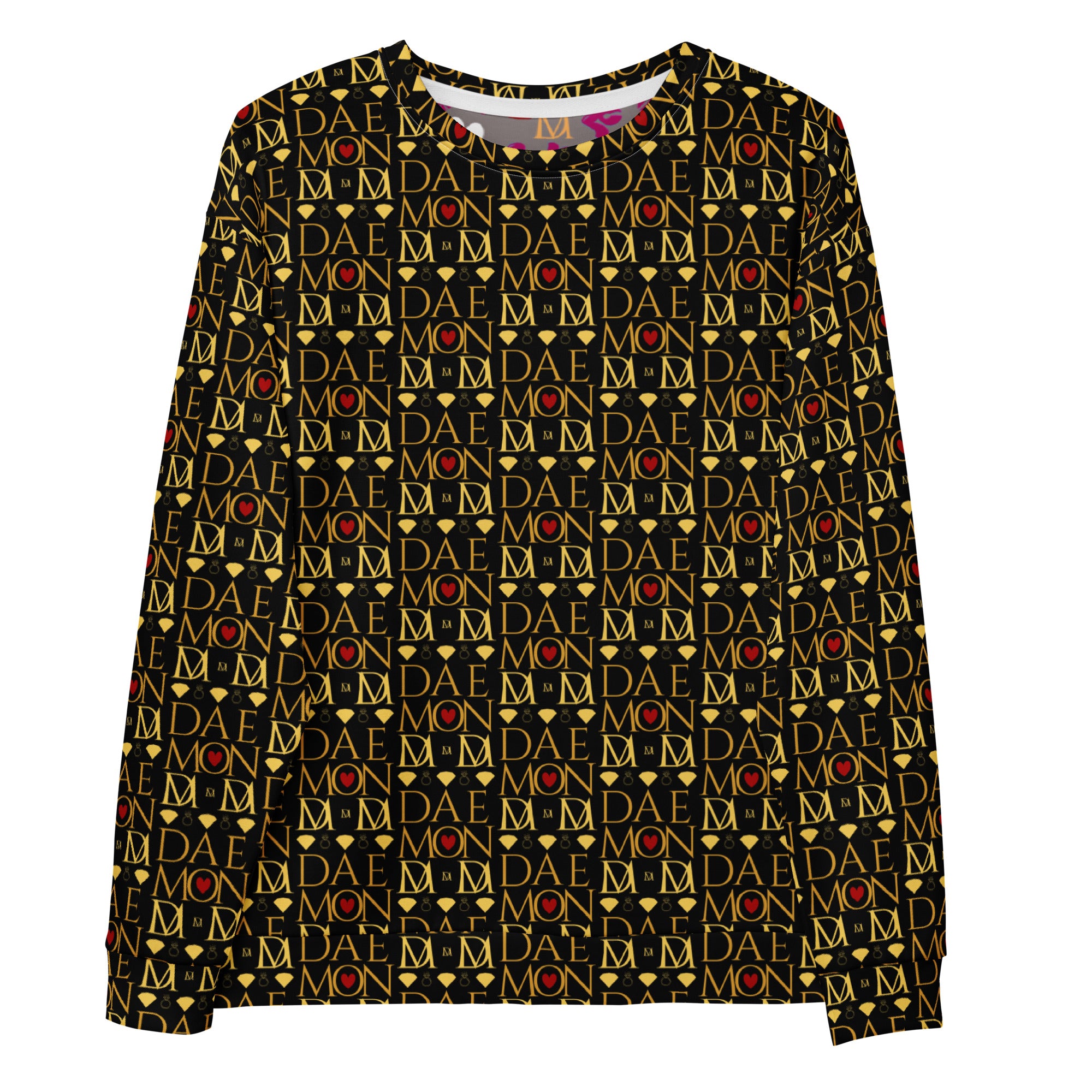 Recycled white unisex sweatshirt from Daemon Luxury's Sun Glow California collection with all-over colorful print.