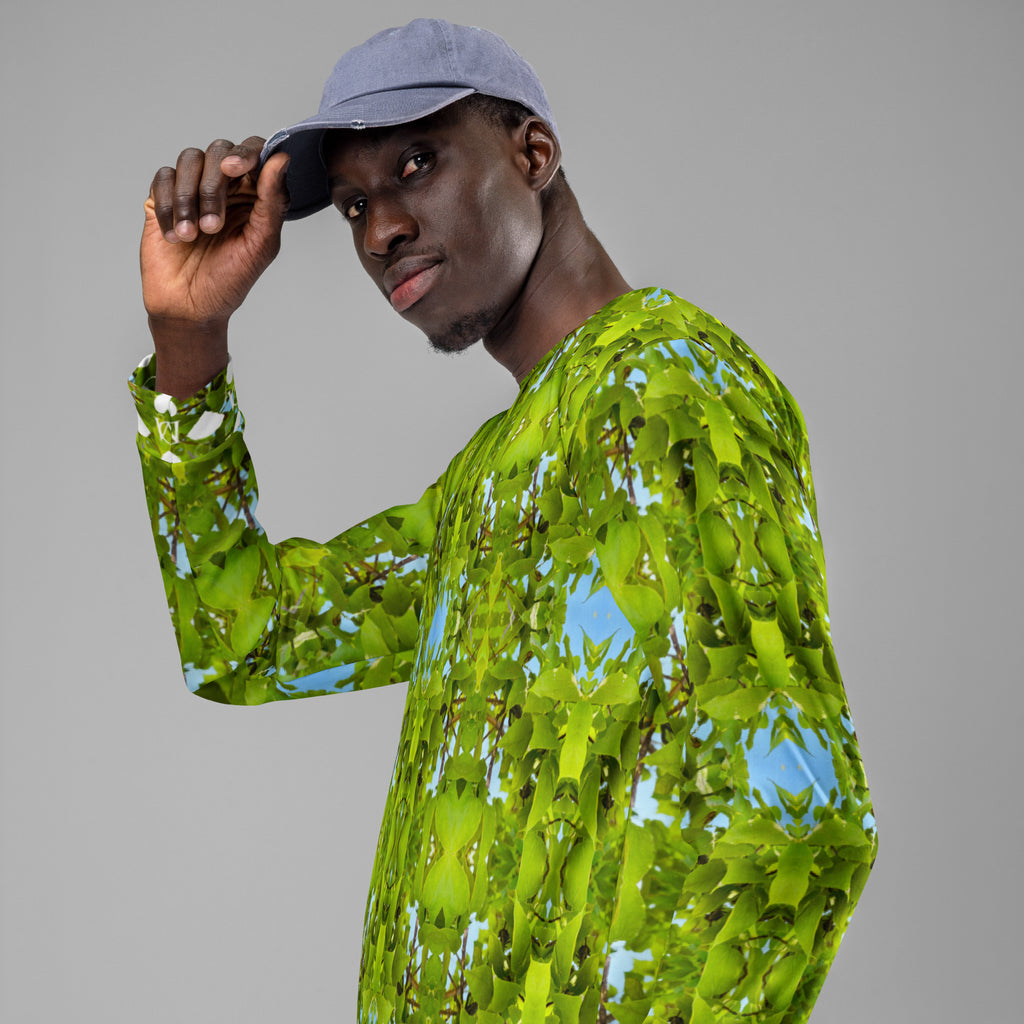 Daemon Luxury Belly Red’s Garden Rebirth unisex white recycled all-over-print sweatshirt with vibrant garden design.