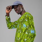Daemon Luxury Belly Red’s Garden Rebirth unisex white recycled all-over-print sweatshirt with vibrant garden design.