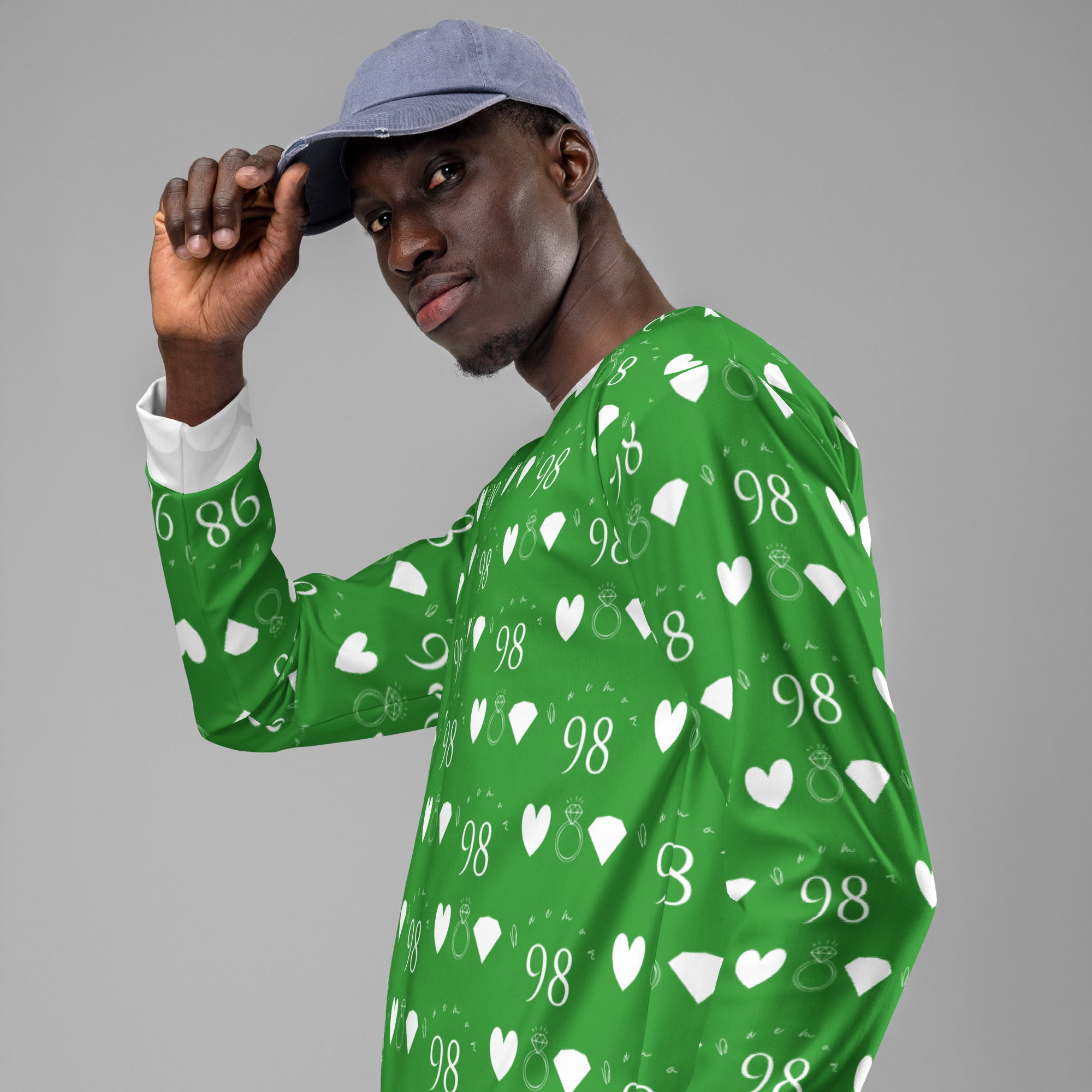 White unisex recycled sweatshirt by Daemon Luxury featuring all-over red garden print on the front.