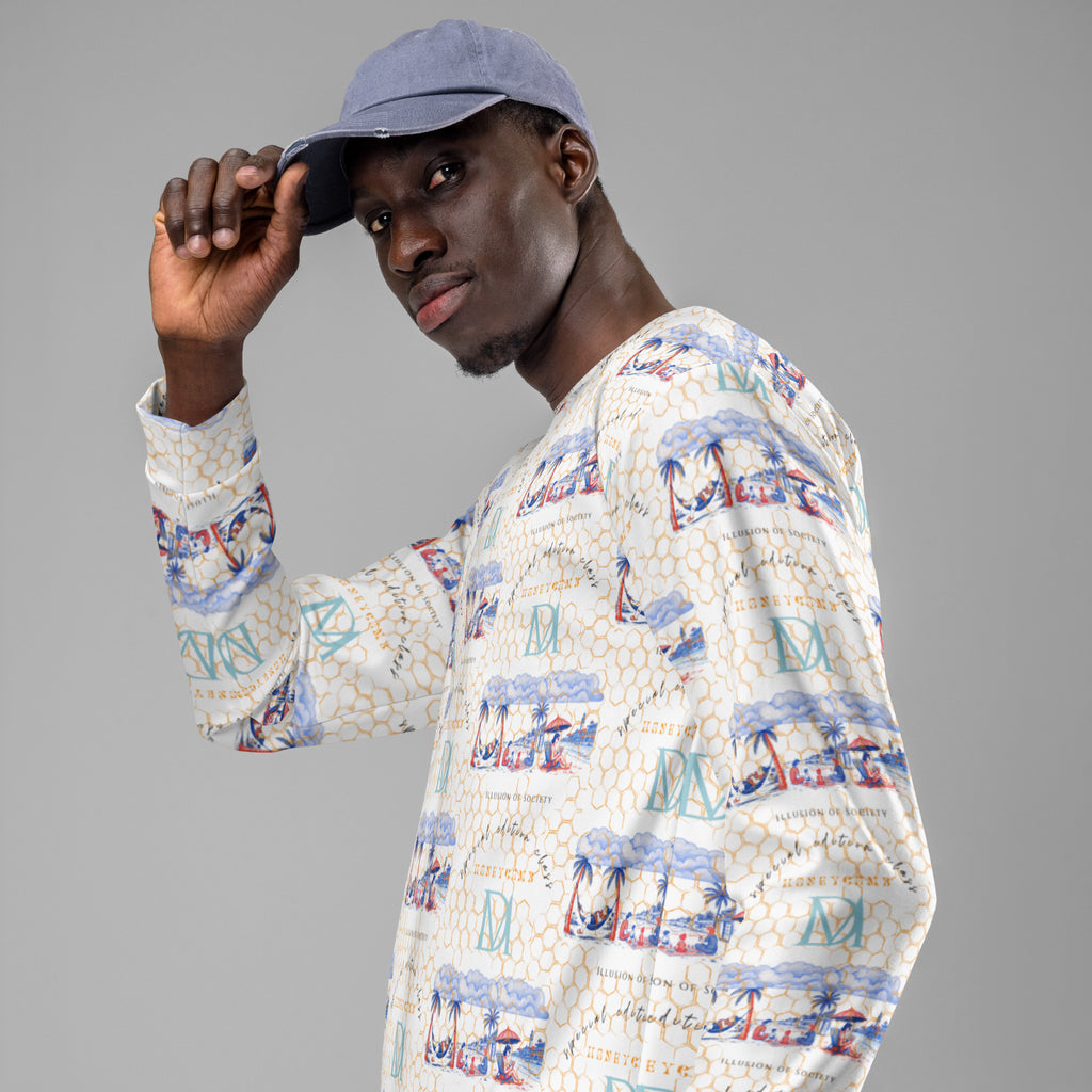 White Honeybee Intel (Forecast) unisex sweatshirt by Daemon Luxury with all-over recycled print, casual and eco-friendly style