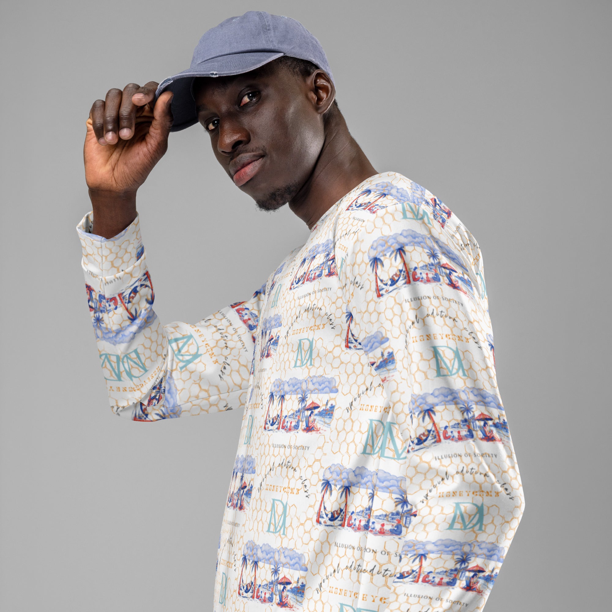 White Honeybee Intel (Forecast) unisex sweatshirt by Daemon Luxury with all-over recycled print, casual and eco-friendly style