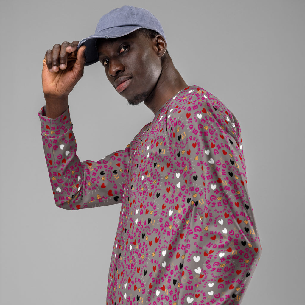 All-over print white unisex sweatshirt by Daemon Luxury featuring recycled fabric and casual, comfortable style.