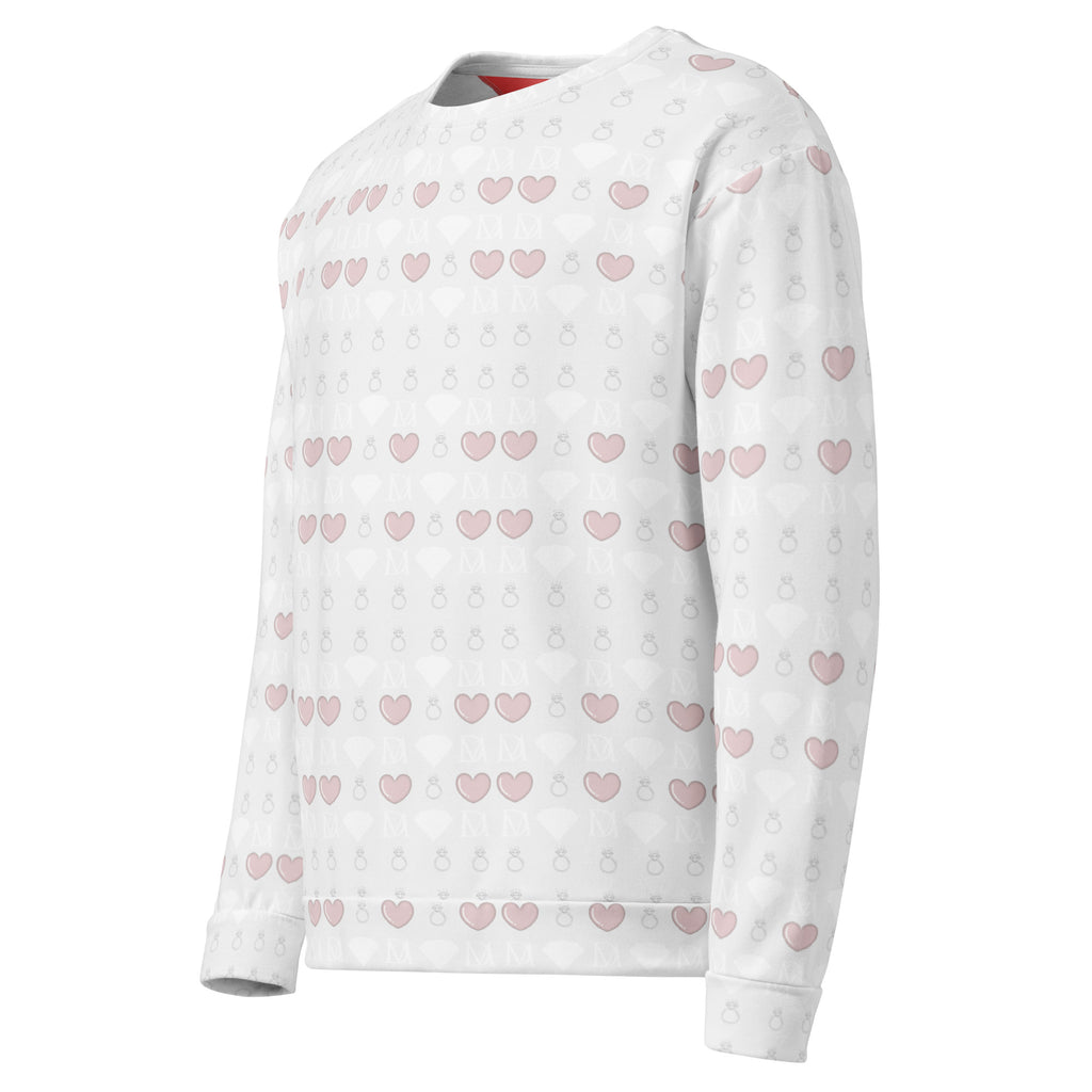 White Daemon Frosted Diamonds Blissful Replay unisex sweatshirt with all-over diamond print on recycled fabric.
