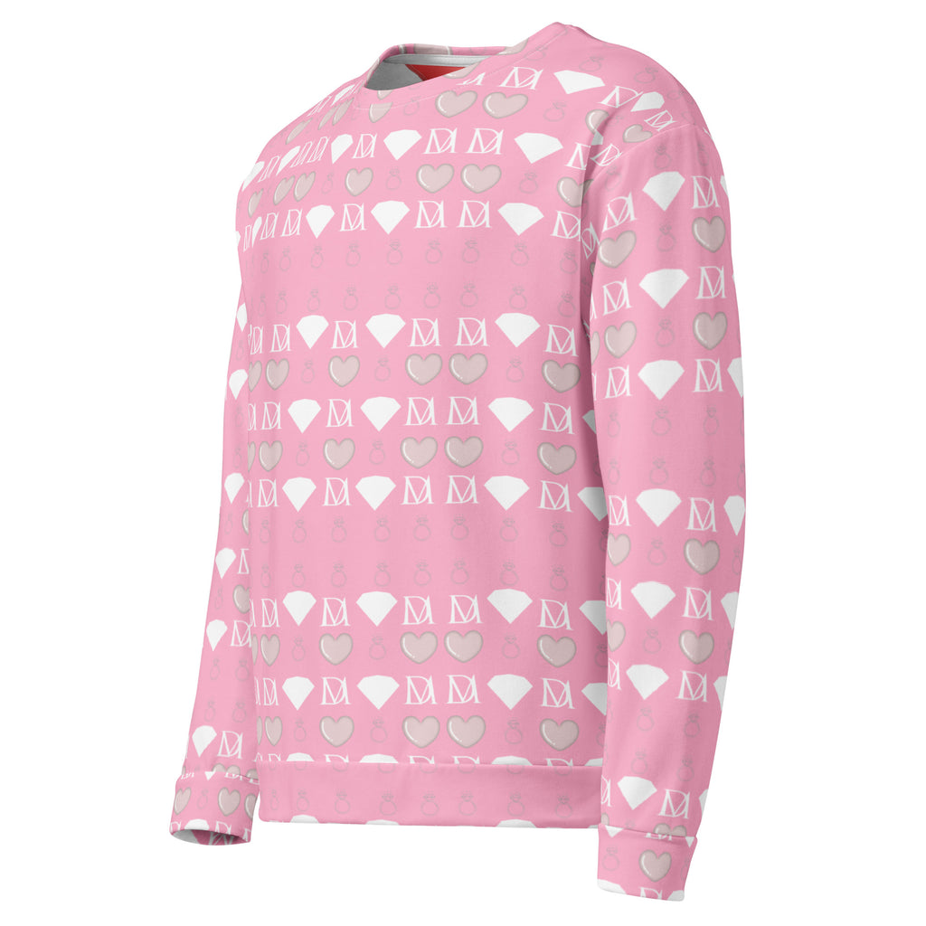 Recycled white unisex sweatshirt with all-over frosted diamond and cotton candy Cinzel print by Daemon.