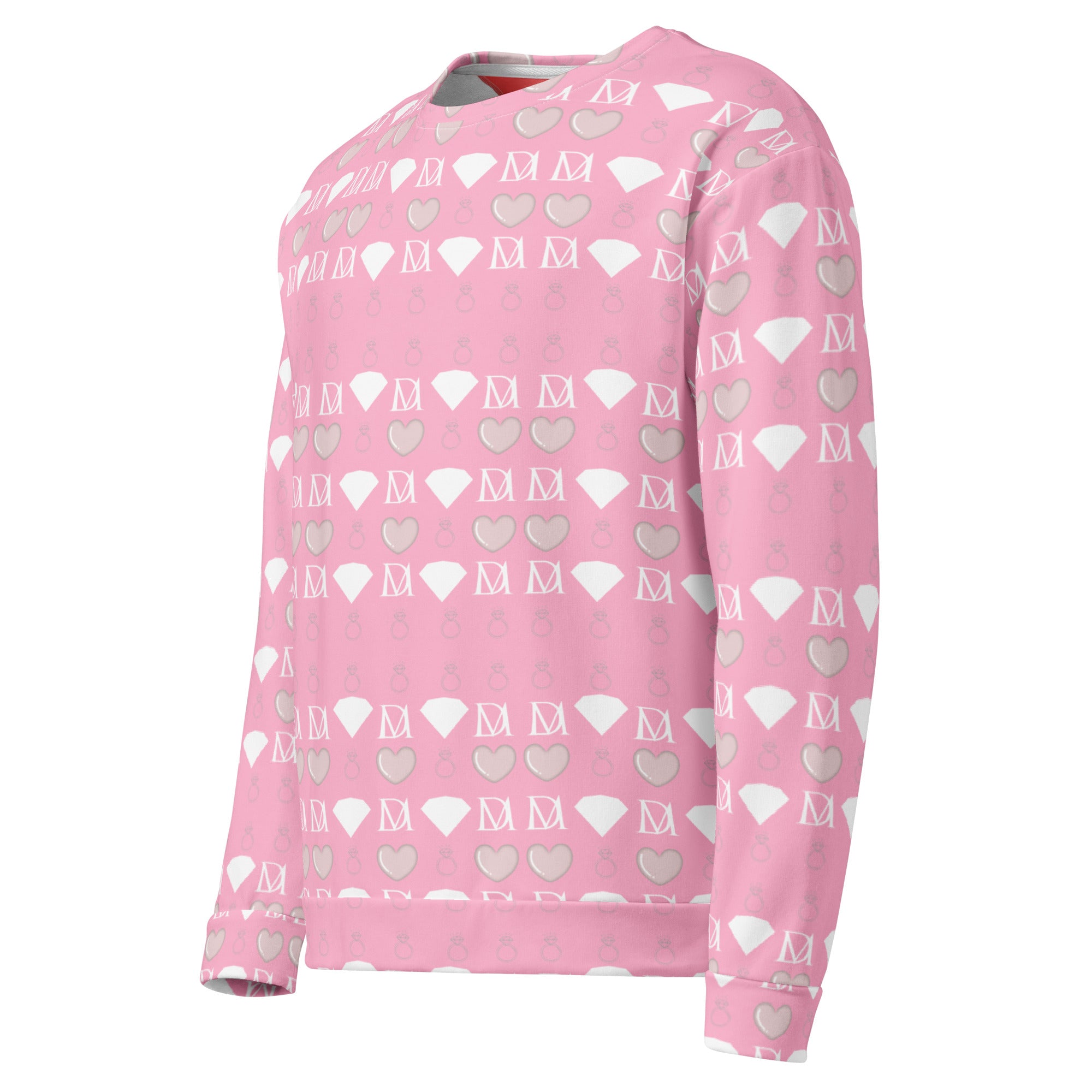 Recycled white unisex sweatshirt with all-over frosted diamond and cotton candy Cinzel print by Daemon.