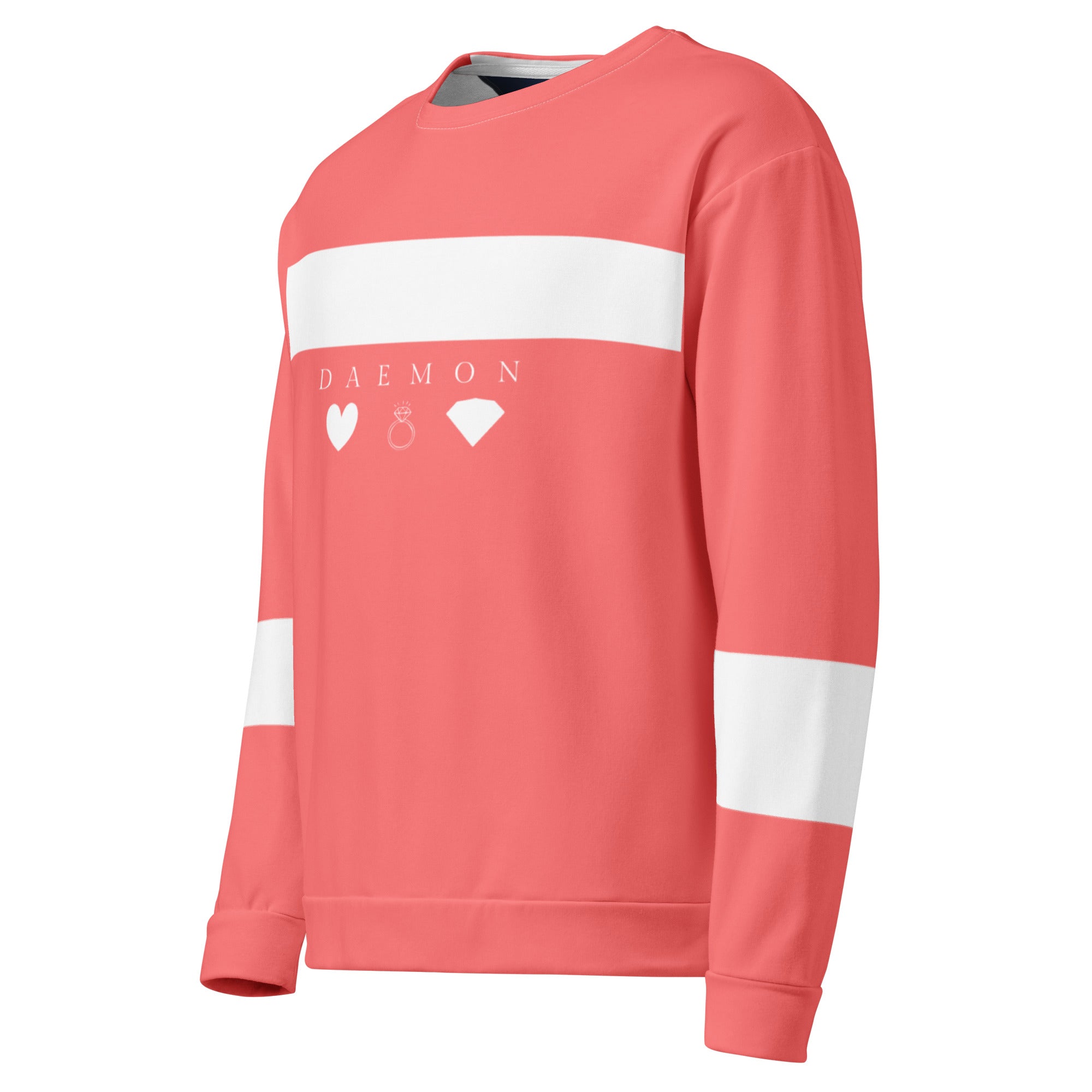 White Daemon SACHI BANS unisex sweatshirt with all-over recycled print, showing the left front view.