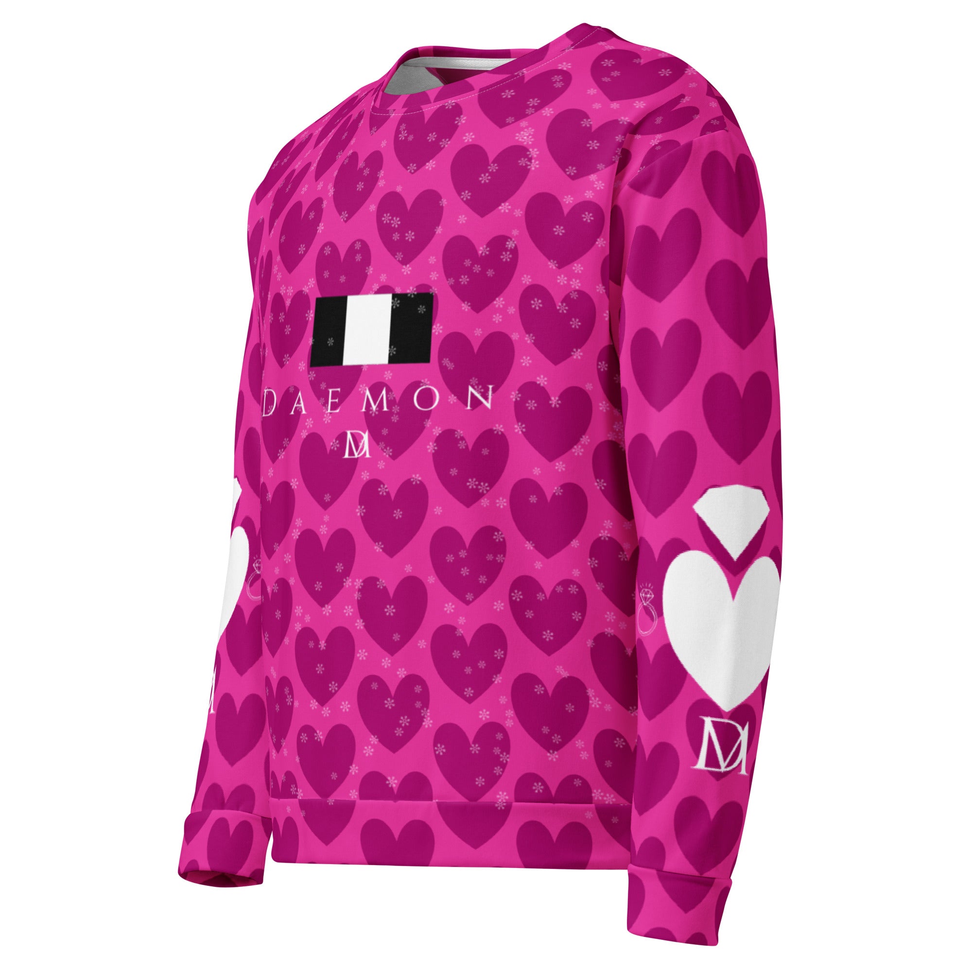 Unisex recycled white sweatshirt featuring a magnetic spade design in magenta frost by Daemon Luxury.