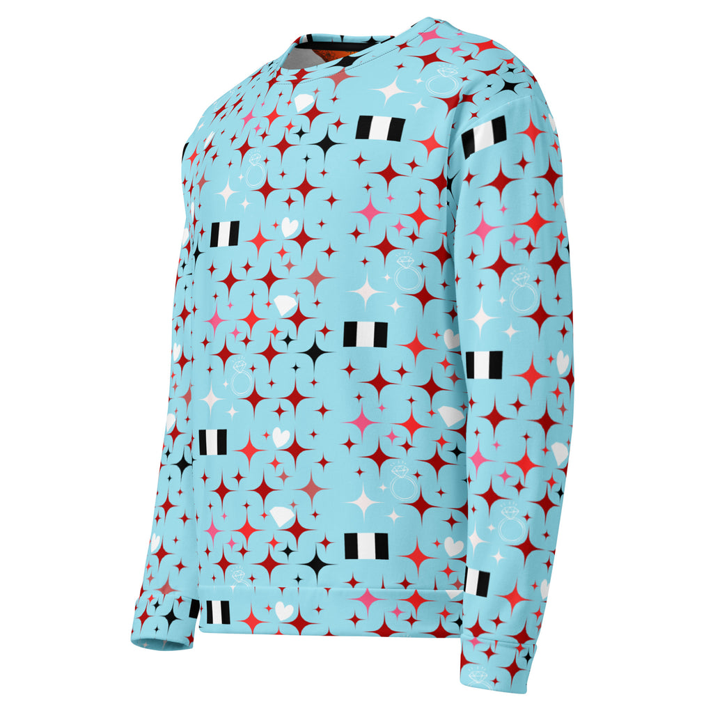 White Daemon Luxury Eternal Stardust Caribbean unisex recycled sweatshirt with all-over print, left front view.