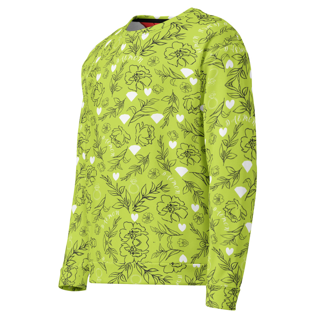 Daemon Luxury Florette Rebirth Mantis unisex recycled sweatshirt with all-over white print, left front view.