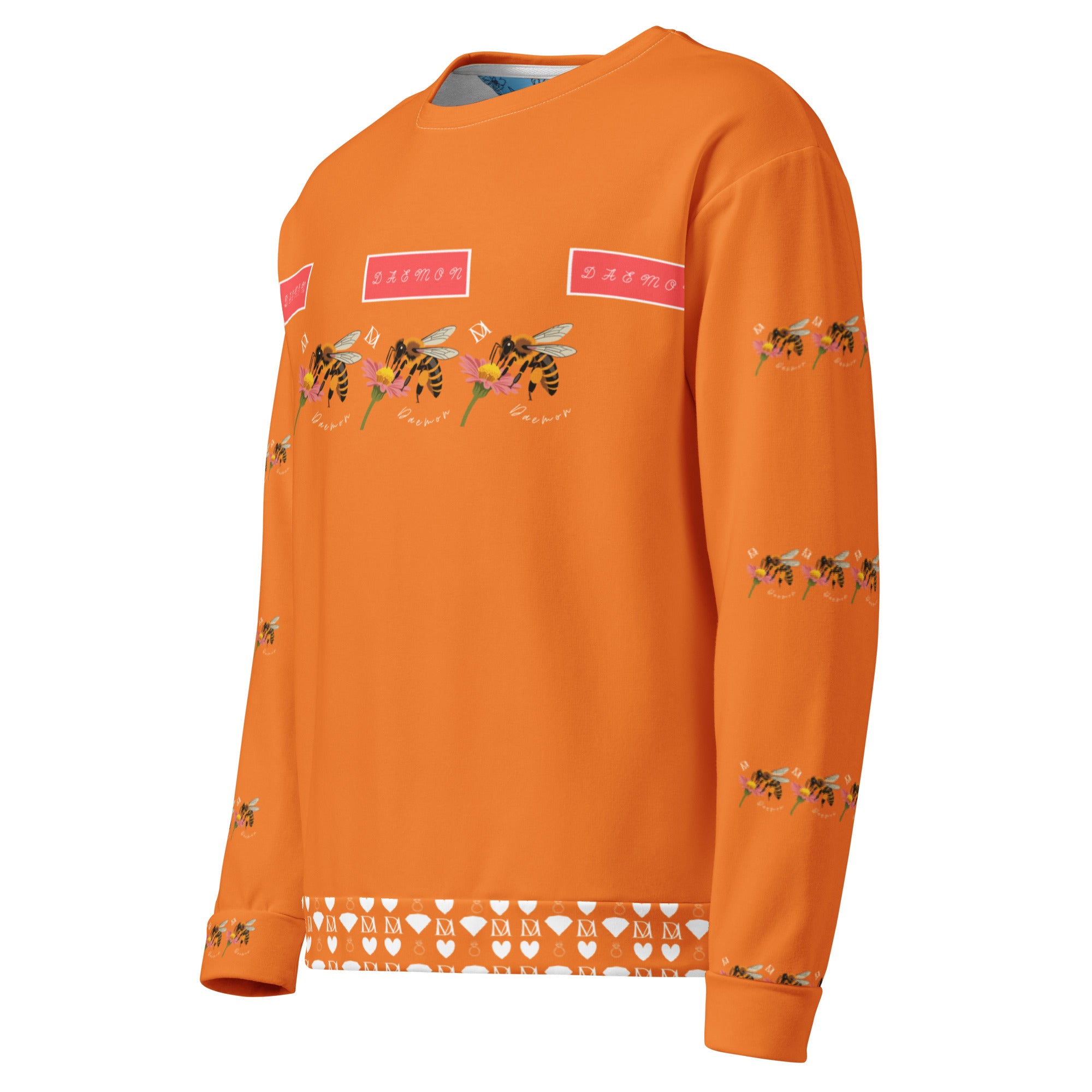 Daemon Luxury Honeybee Smoothie Winter’s Sunset unisex recycled cotton sweatshirt with all-over print in white.