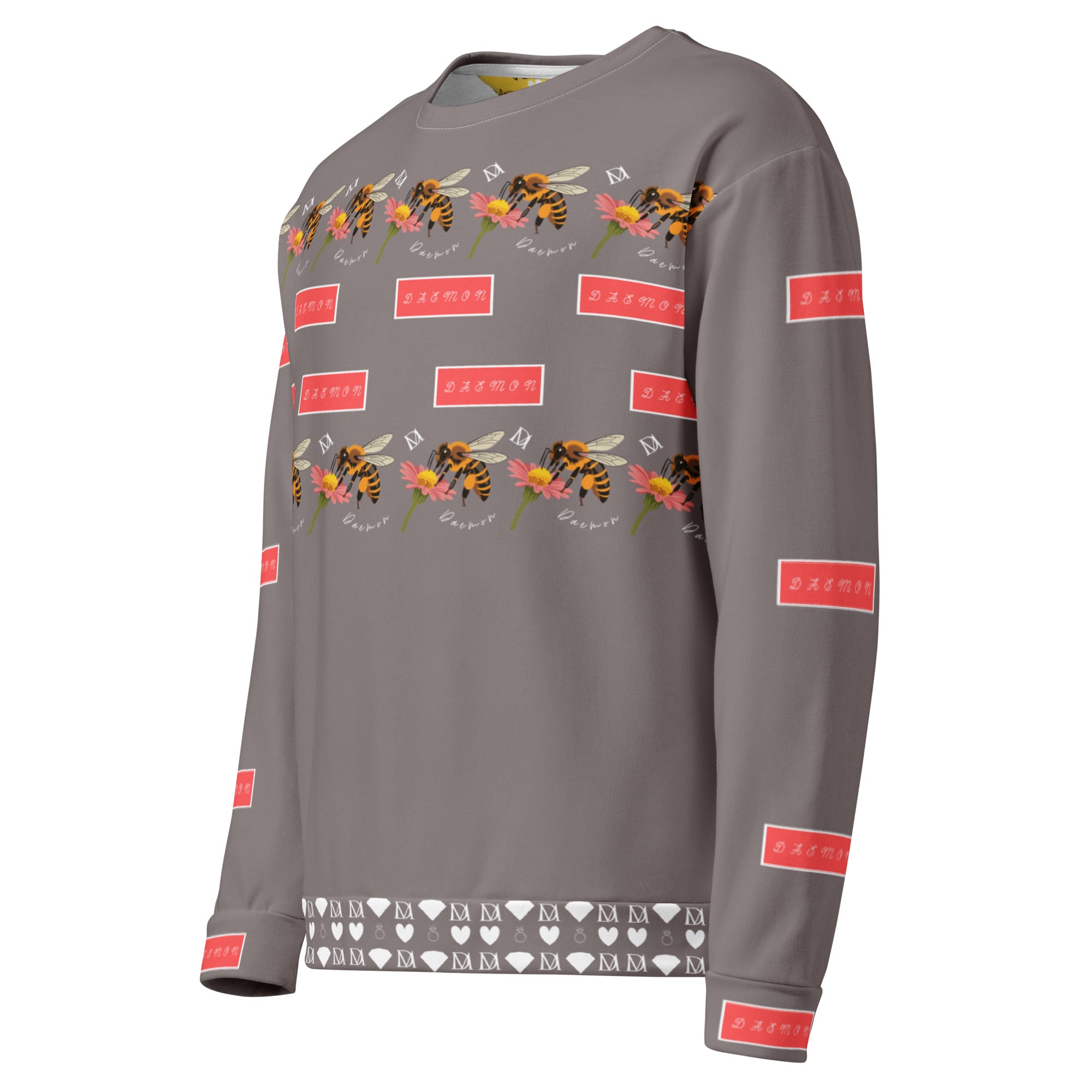 Daemon Luxury Honeybee Smoothie Critiques Tea unisex white all-over-print recycled sweatshirt, front view with detailed design.