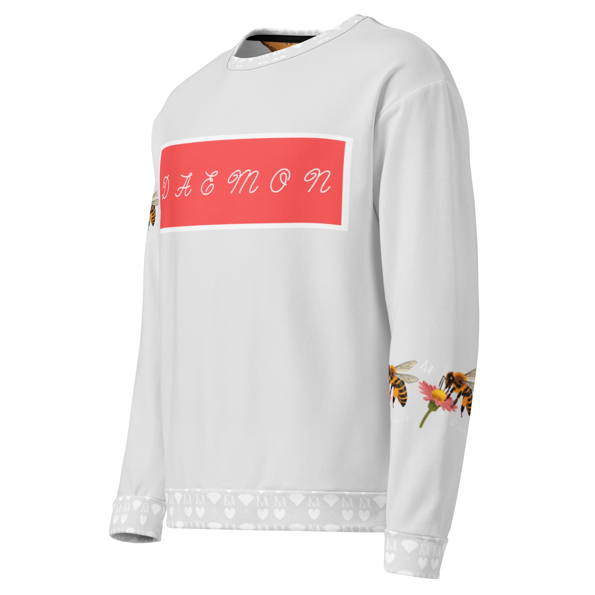 Daemon Luxury Honeybee Smoothie unisex white recycled print sweatshirt, front view with all-over bee and smoothie design.