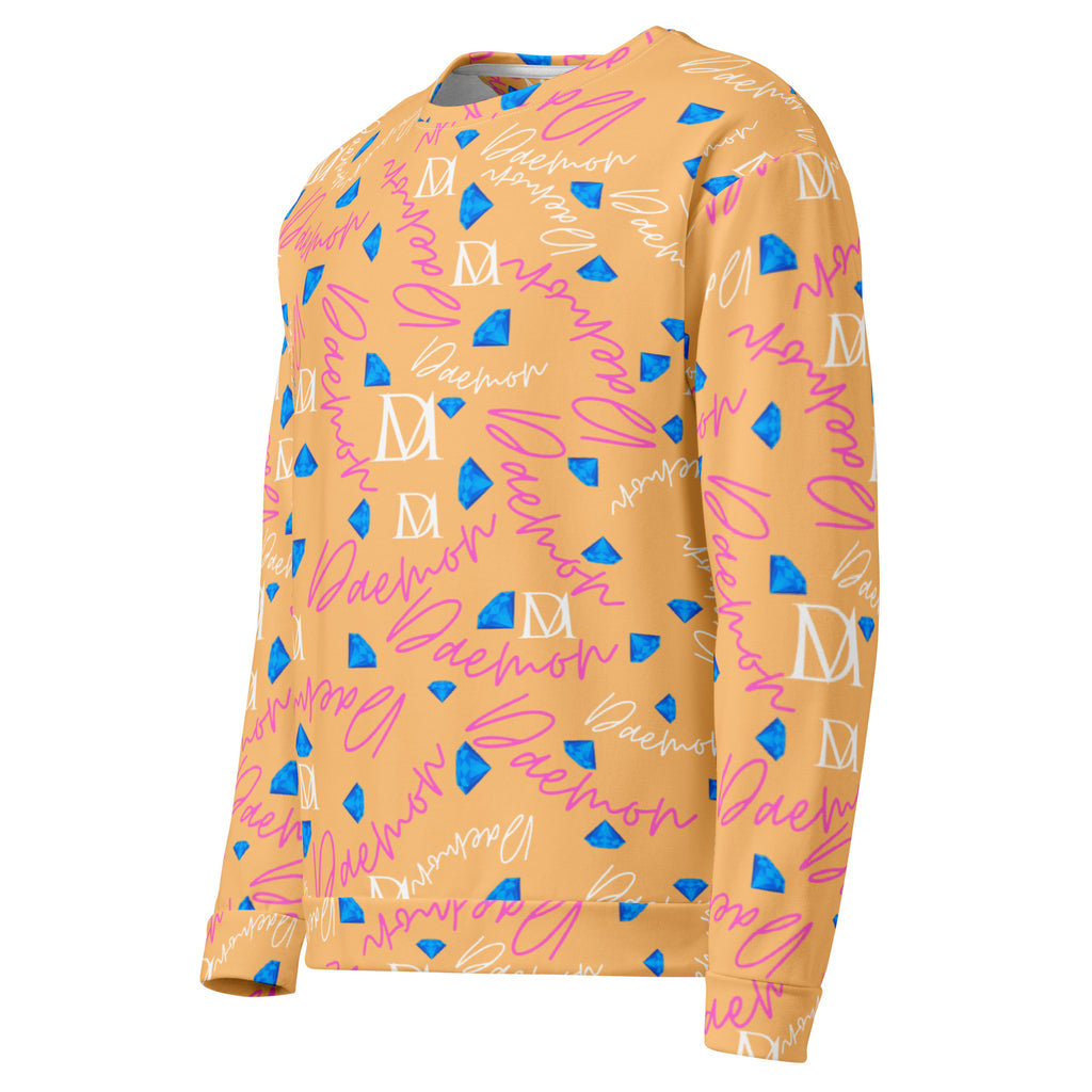 Daemon Luxury Picasso Mirrors Quintara’s Sunset recycled unisex sweatshirt with all-over print on white fabric, front view.