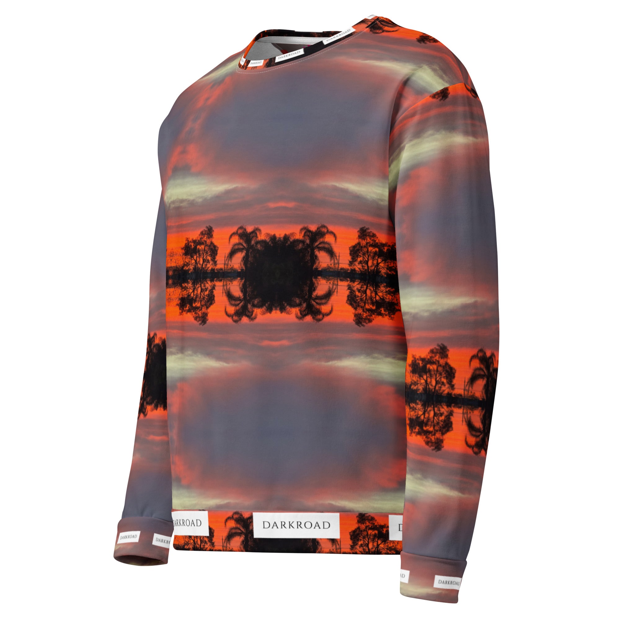 Daemon Luxury DARKROAD Hellbreak unisex white recycled all-over-print sweatshirt, front view showing bold graphic design.