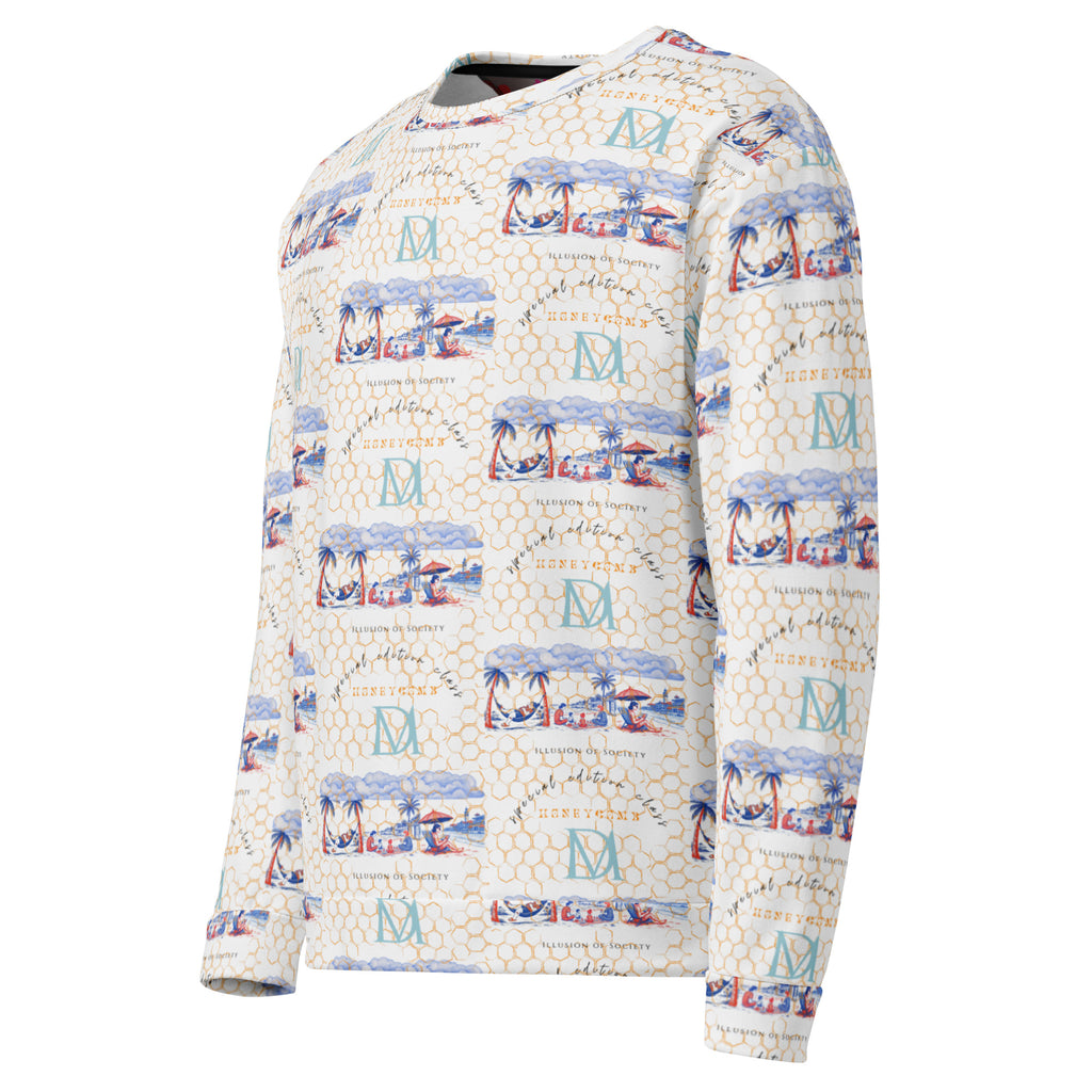 Daemon Luxury Honeybee Intel unisex recycled sweatshirt with all-over print, white fabric, left-front design.