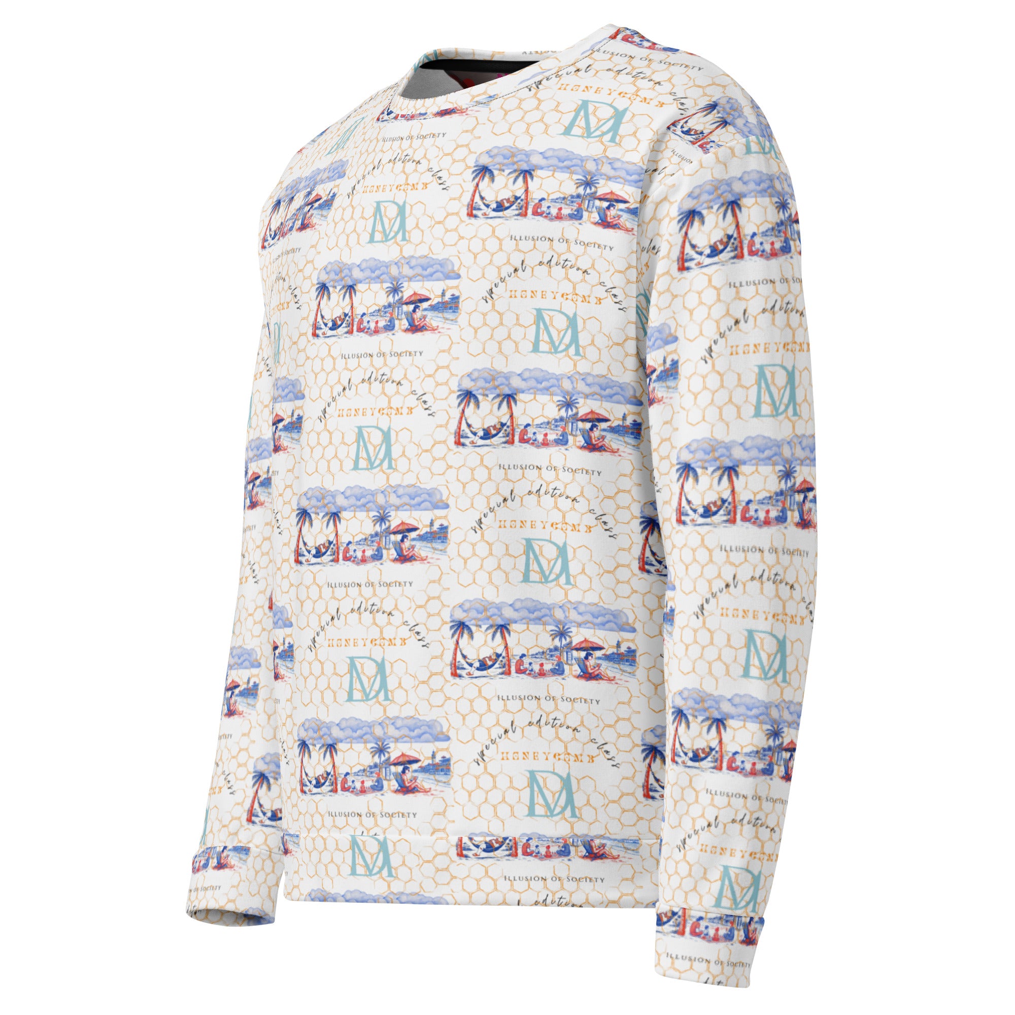 Daemon Luxury Honeybee Intel unisex recycled sweatshirt with all-over print, white fabric, left-front design.