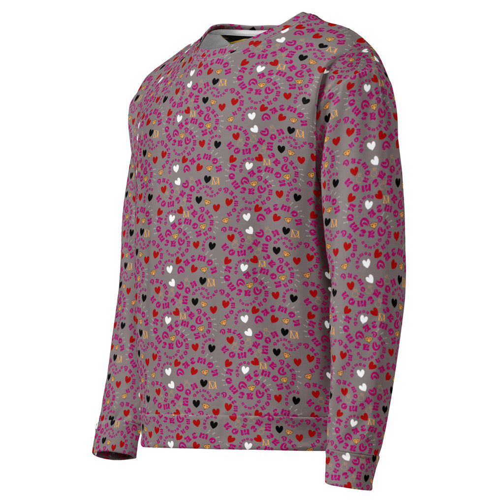 Recycled white unisex sweatshirt by Daemon Luxury with all-over print, showing front view with long sleeves and casual style.