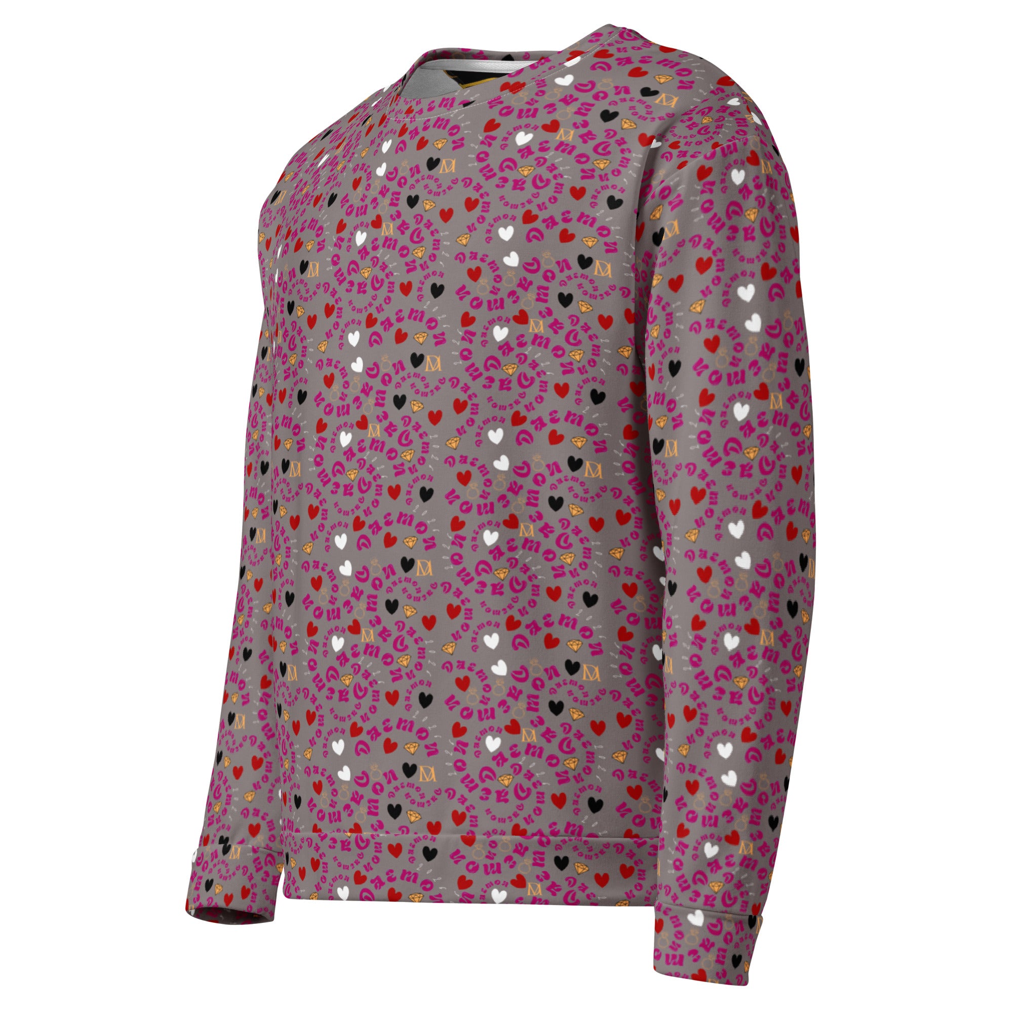 Recycled white unisex sweatshirt by Daemon Luxury with all-over print, showing front view with long sleeves and casual style.