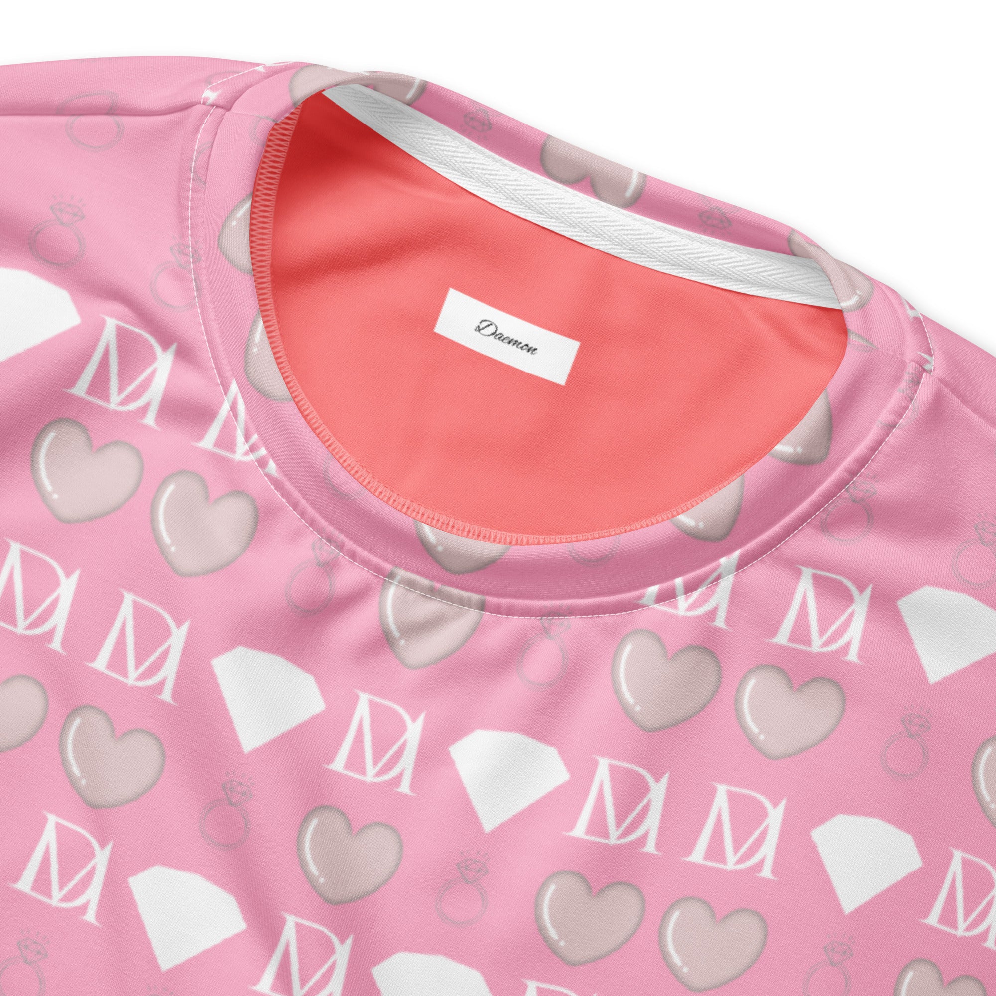 White recycled cotton candy cinzel sweatshirt with all-over frosted diamond print by Daemon, unisex casual fashion.