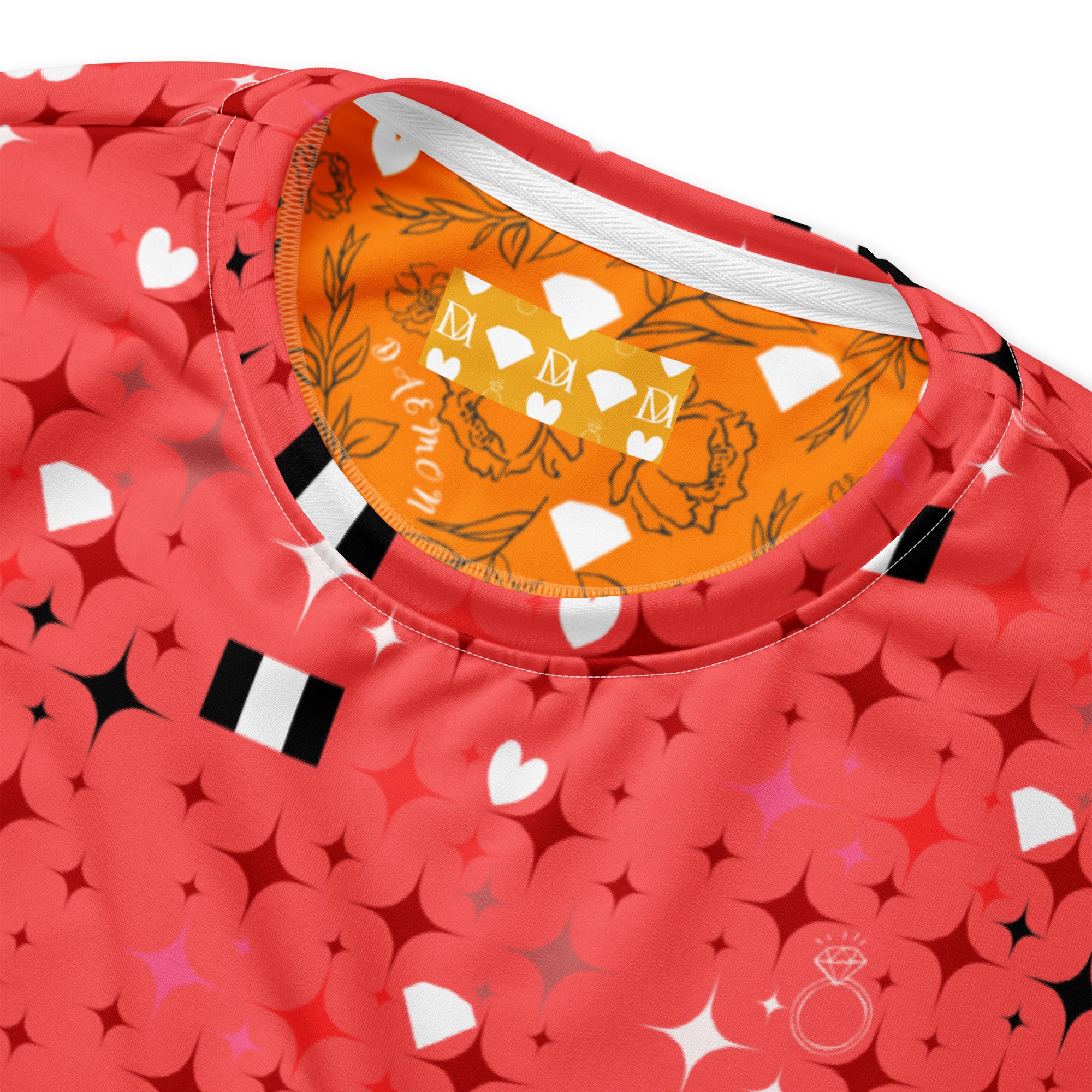 Daemon Luxury Eternal Stardust Felpa sweatshirt with all-over print, recycled fabric, unisex white design featuring cosmic star patterns.