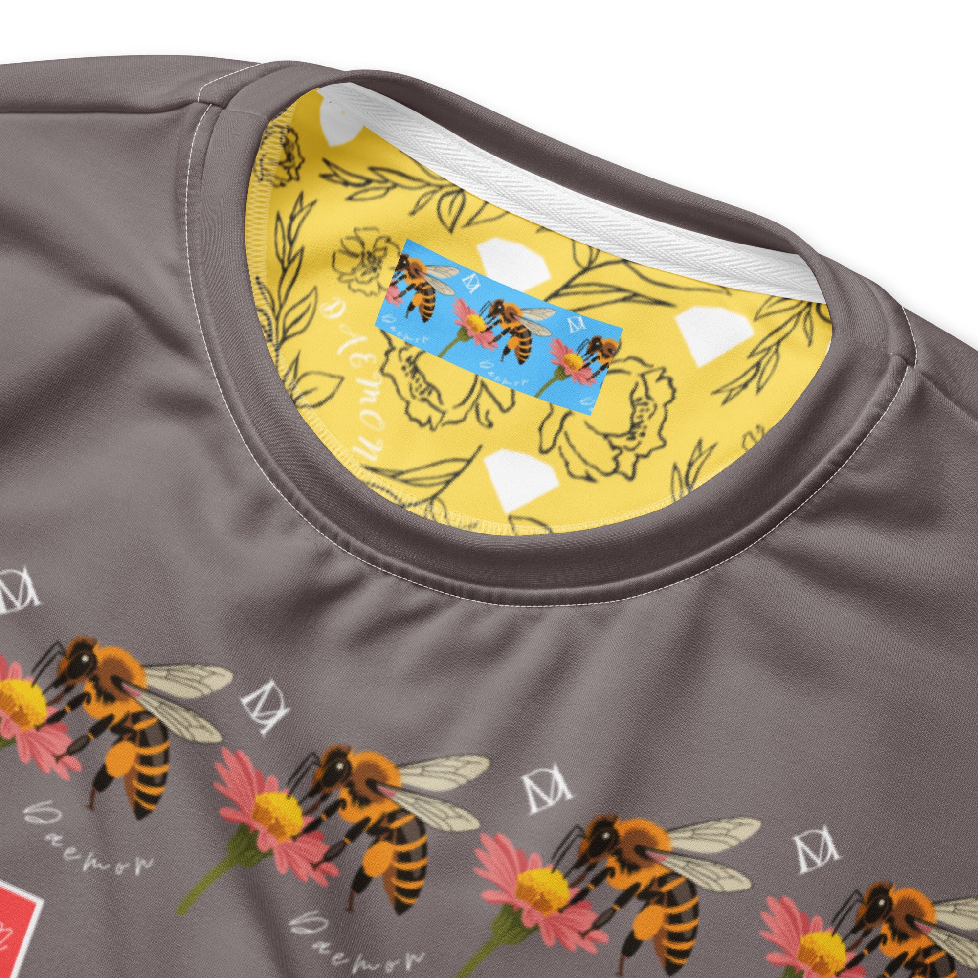Daemon Luxury Honeybee Smoothie Critiques Tea unisex white recycled sweatshirt with all-over honeybee print and cozy fleece fabric.