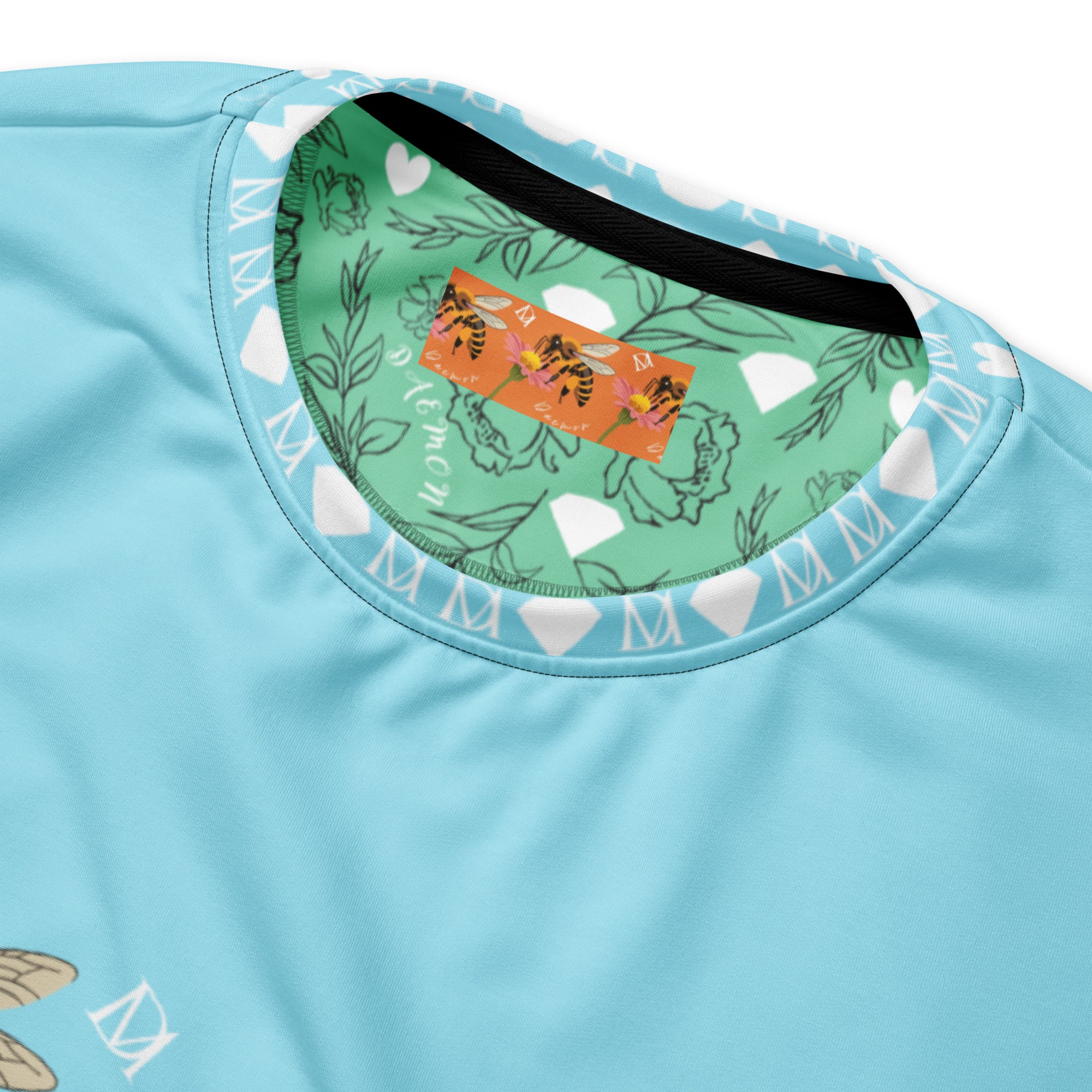 White Daemon Luxury Honeybee Smoothie Skyberries all-over-print recycled unisex sweatshirt with colorful skyberry design.