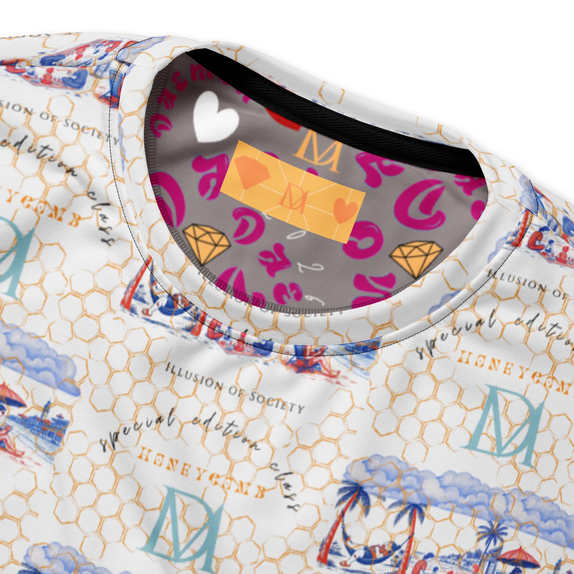 Recycled white Honeybee Intel forecast unisex sweatshirt by Daemon Luxury with all-over bee and nature-themed print.