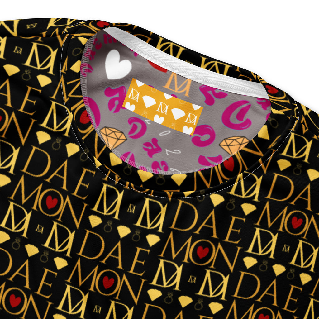 Recycled white unisex sweatshirt with Sun Glow California all-over print by Daemon Luxury, featuring vibrant, artistic design.