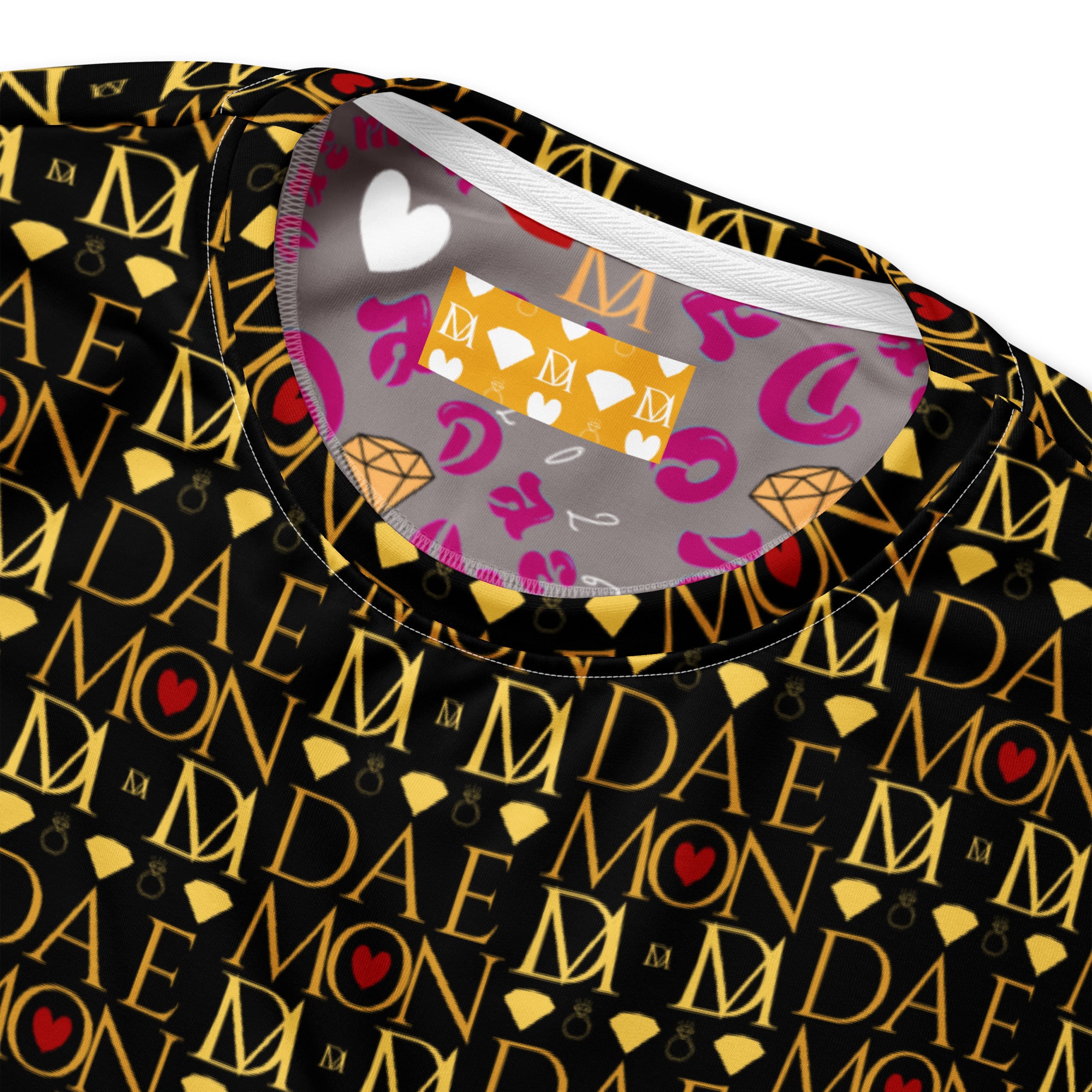 Recycled white unisex sweatshirt with Sun Glow California all-over print by Daemon Luxury, featuring vibrant, artistic design.