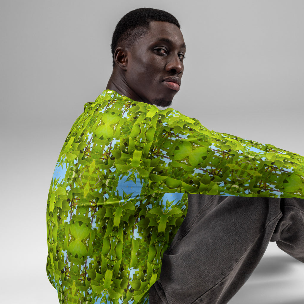 Unisex white sweatshirt with all-over garden-themed print from Daemon Luxury's Belly Red’s Garden (Rebirth) collection.
