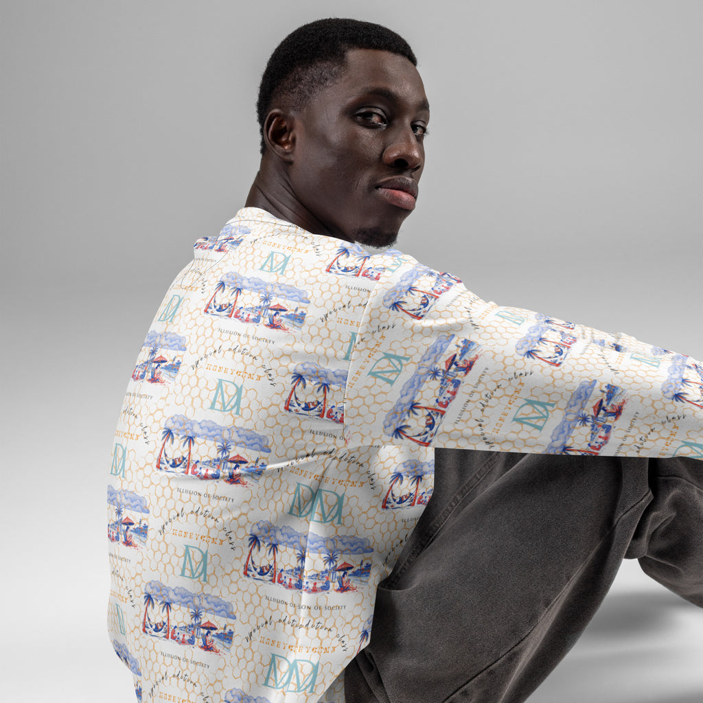 White Honeybee Intel (Forecast) fleece sweatshirt by Daemon Luxury featuring an all-over recycled print, unisex and casual.