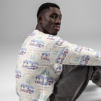 White Honeybee Intel (Forecast) fleece sweatshirt by Daemon Luxury featuring an all-over recycled print, unisex and casual.