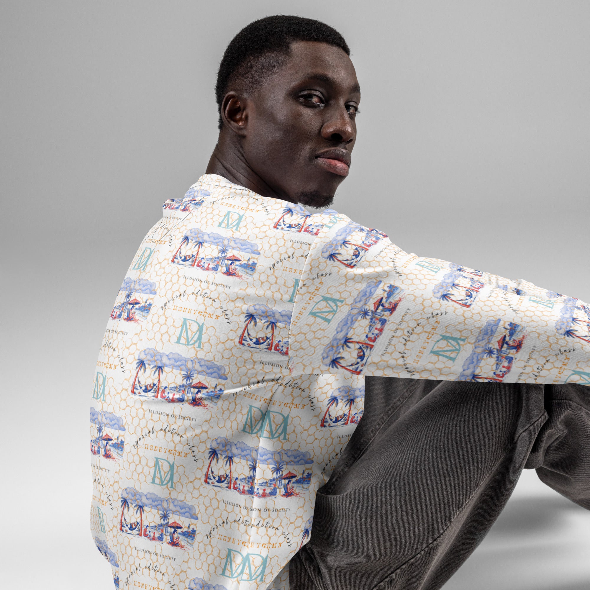 White Honeybee Intel (Forecast) fleece sweatshirt by Daemon Luxury featuring an all-over recycled print, unisex and casual.