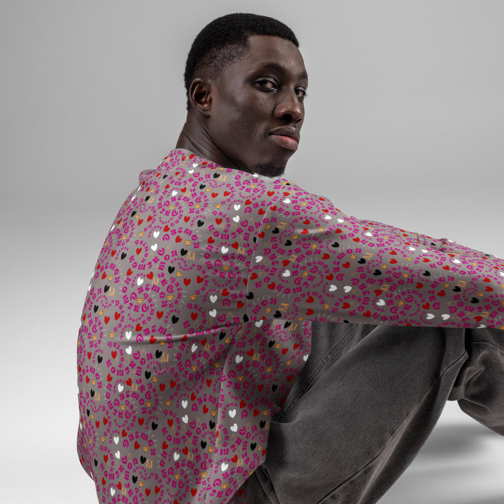 All-over-print white unisex sweatshirt by Daemon Luxury featuring recycled fabric and casual, comfortable design.