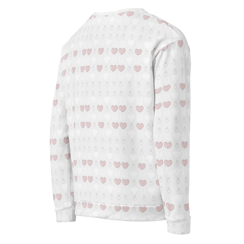 All-over-print white recycled unisex sweatshirt featuring frosted diamonds Blissful Replay design by Daemon, shown from the right back.