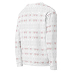 All-over-print white recycled unisex sweatshirt featuring frosted diamonds Blissful Replay design by Daemon, shown from the right back.