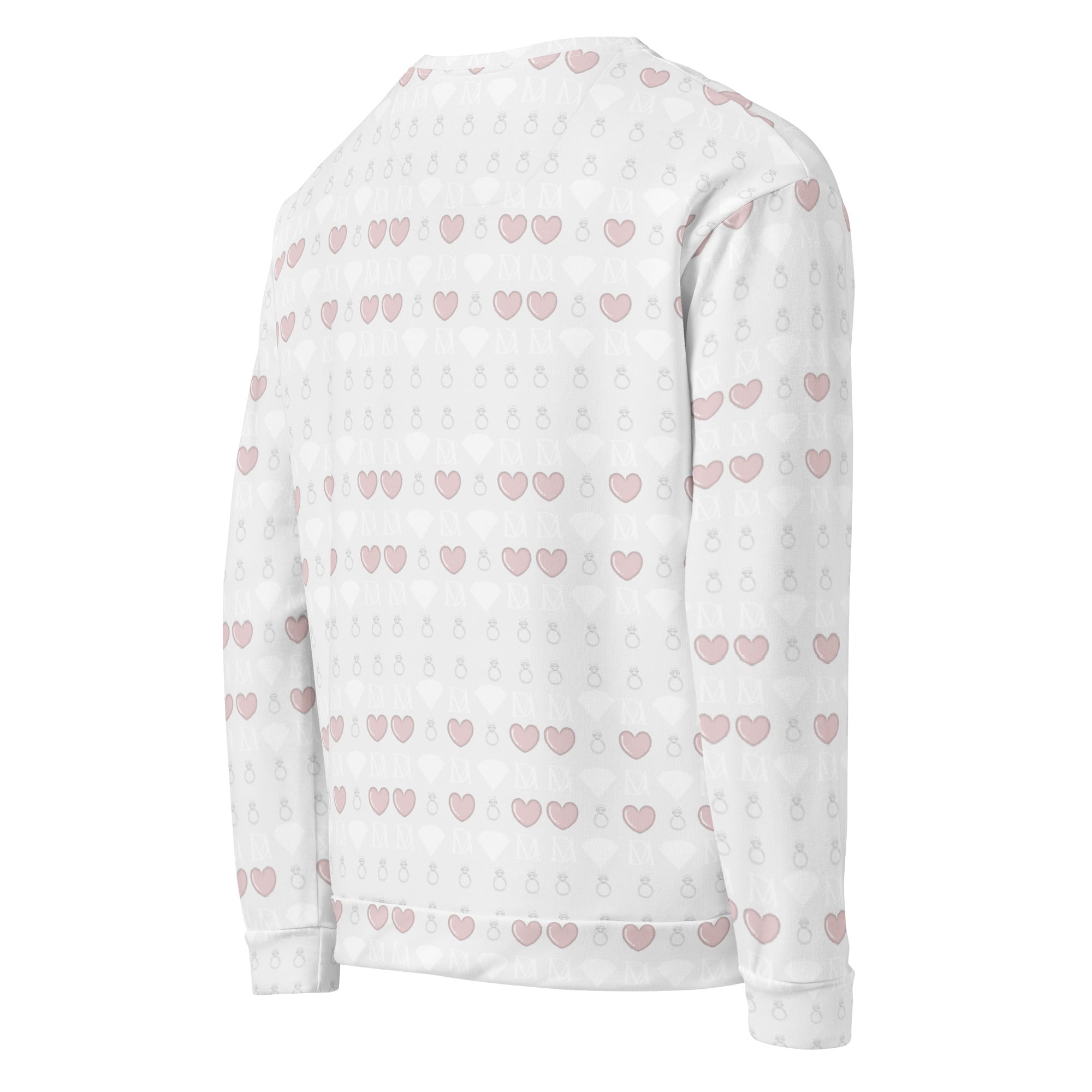 All-over-print white recycled unisex sweatshirt featuring frosted diamonds Blissful Replay design by Daemon, shown from the right back.