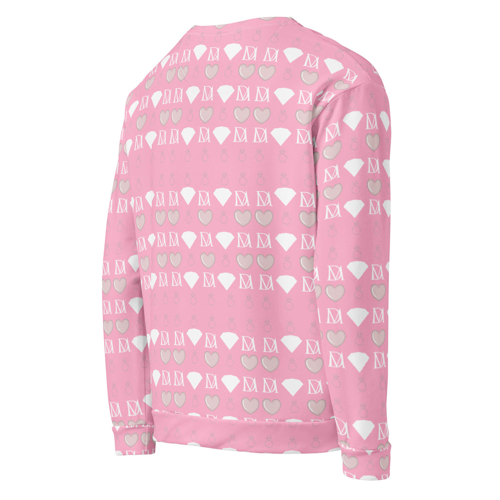 Unisex white sweatshirt with all-over frosted diamond cotton candy cinzel print by Daemon, showcasing vibrant, colorful design on back.