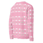 Unisex white sweatshirt with all-over frosted diamond cotton candy cinzel print by Daemon, showcasing vibrant, colorful design on back.