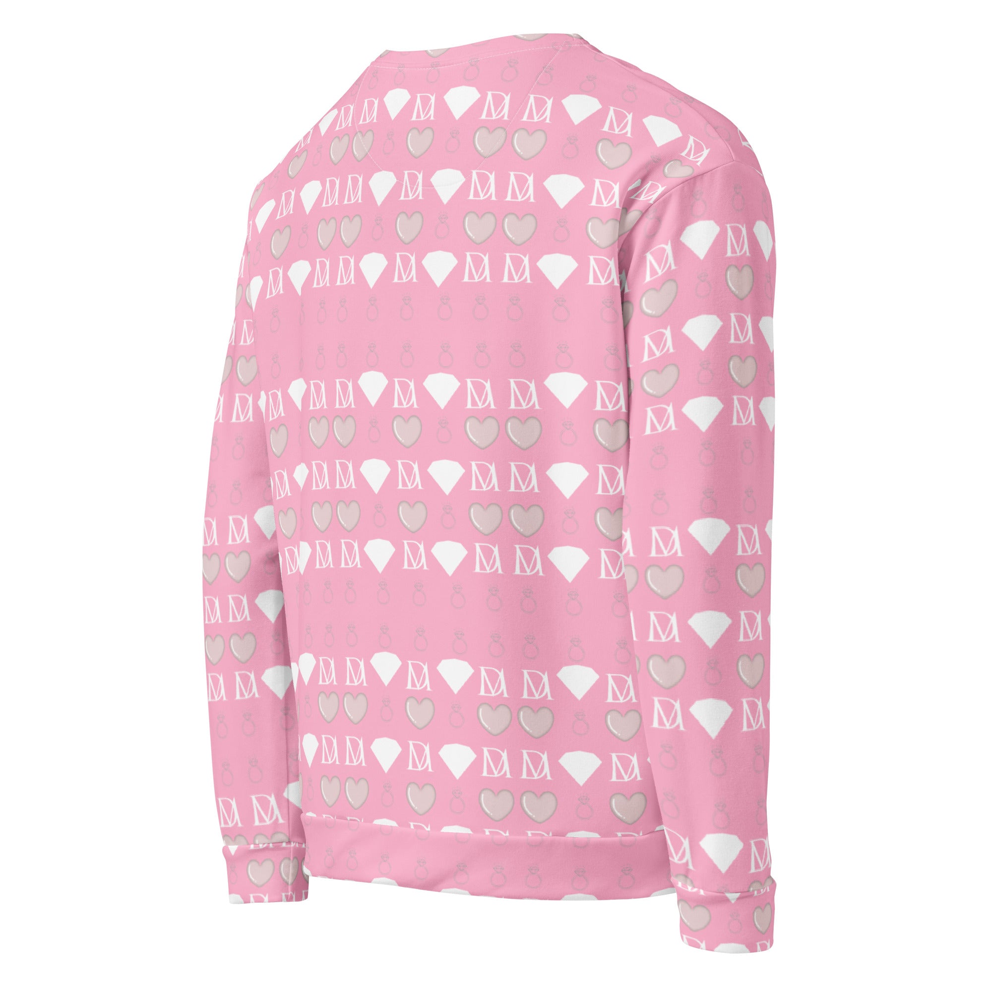 Unisex white sweatshirt with all-over frosted diamond cotton candy cinzel print by Daemon, showcasing vibrant, colorful design on back.