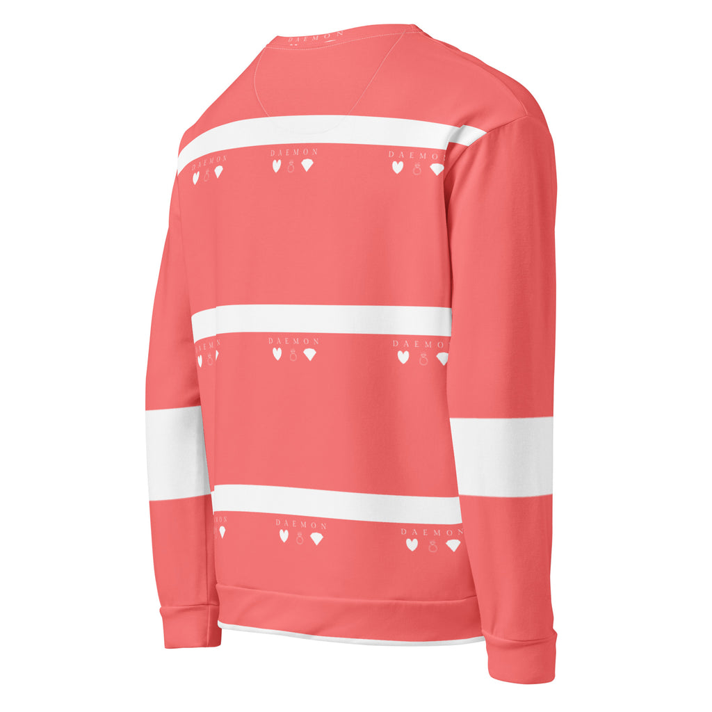 Daemon SACHI BANS unisex recycled all-over-print white sweatshirt, featuring vibrant graphic design on the back.